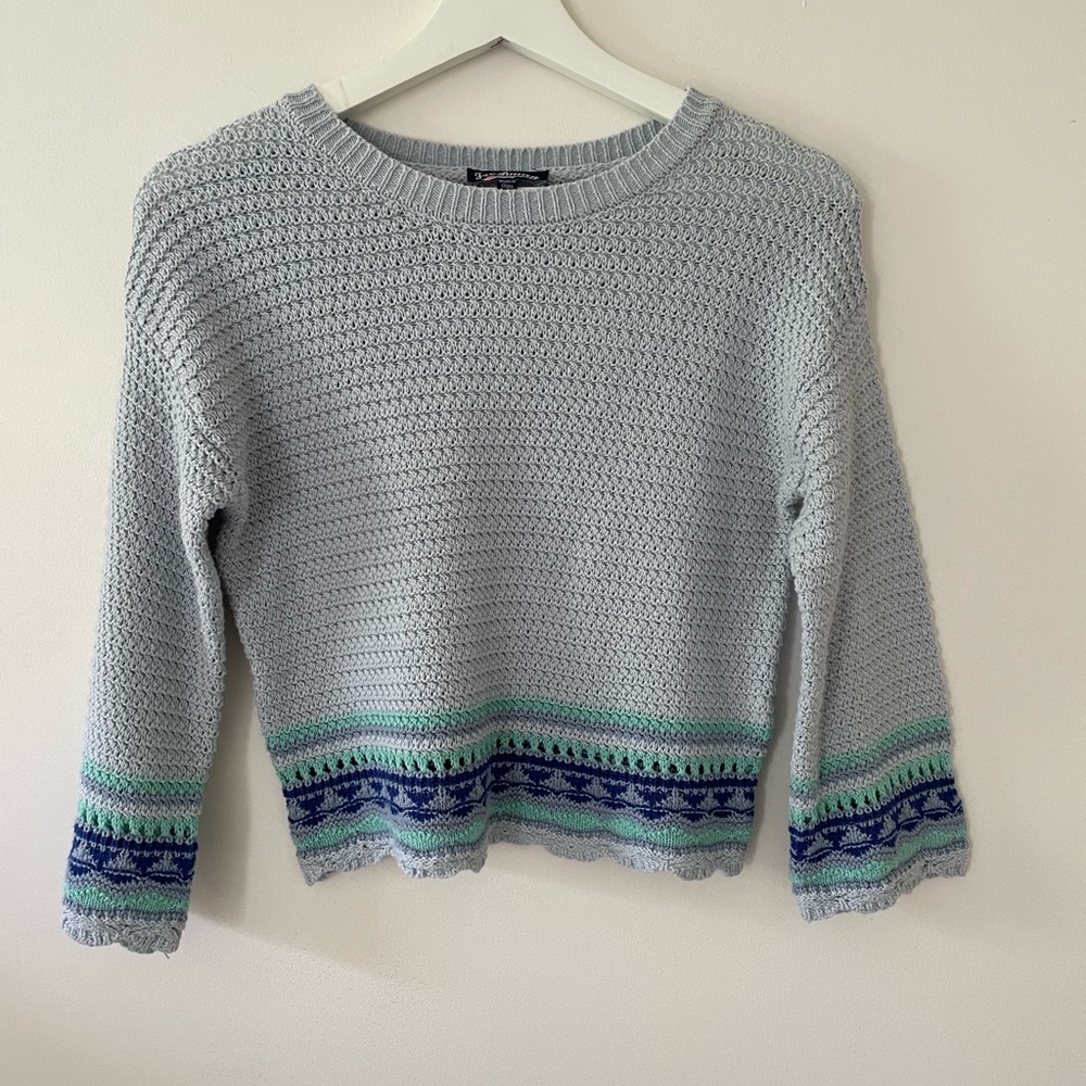 Girls light blue knit Sweater with Blue and Green Accents